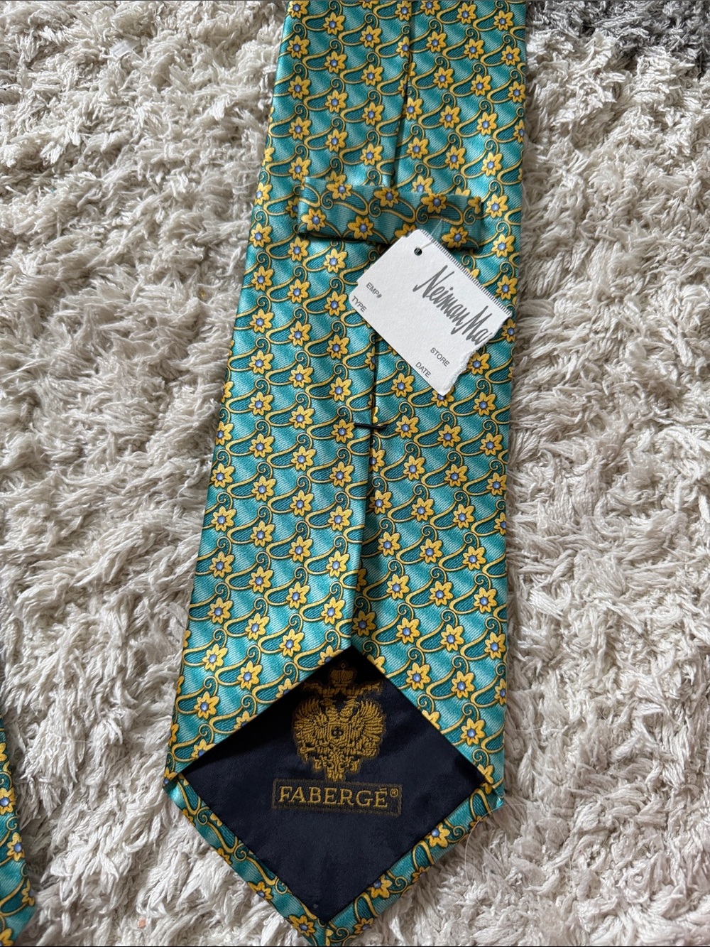 Faberge NWT Teal/ turquoise and Gold Geometric FLORAL  100% Silk Tie